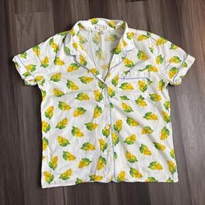J Crew Yellow Floral Print Pajama Shirt Women's Size Medium Short Sleeve Button